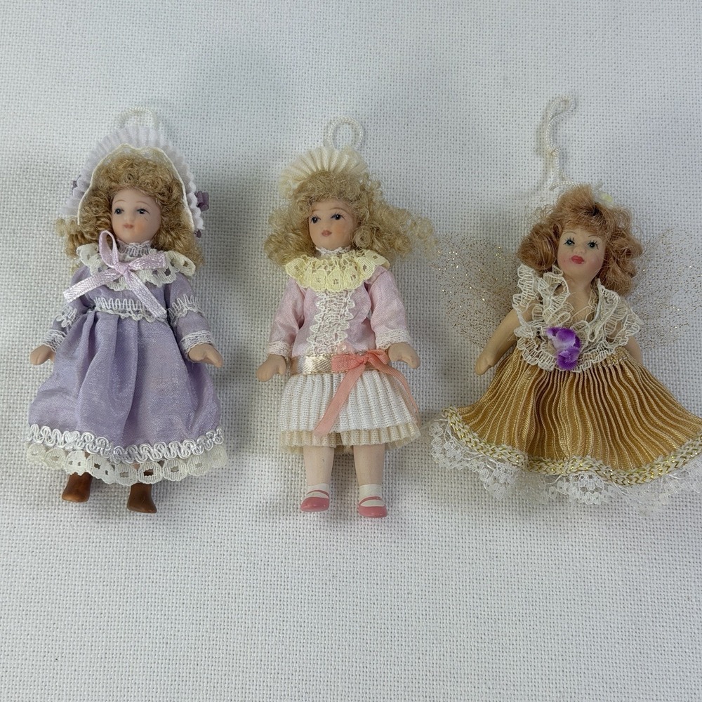 Vintage‎ Dillard's Trimmings Victorian Dressed Porcelain Doll Ornaments Set of 3